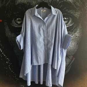 Relaxed Blue Stripe Button-Front Blouse